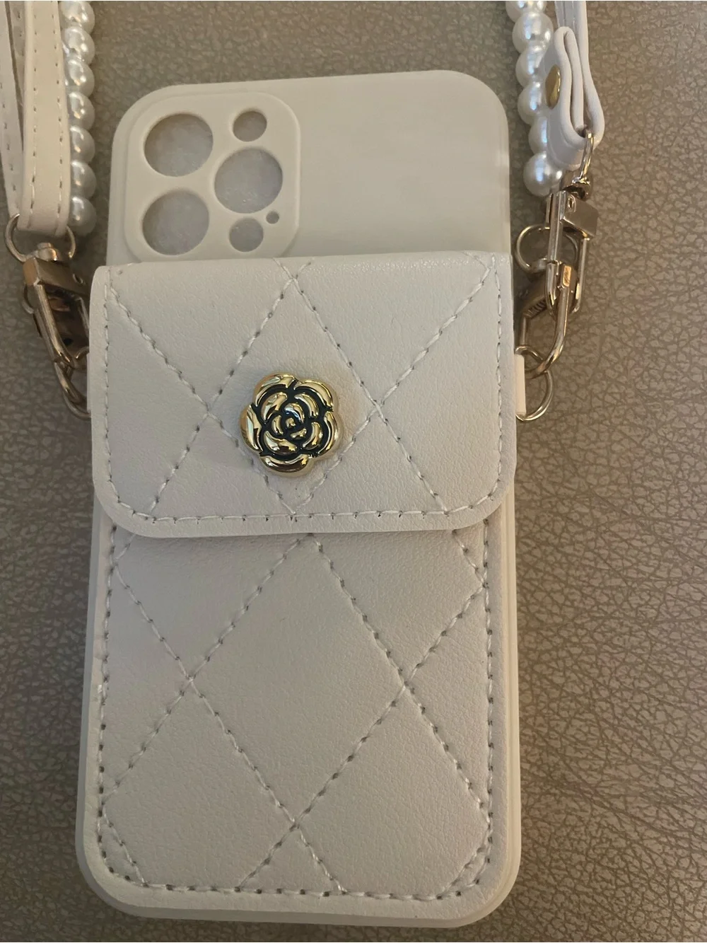 Brand New White Quilted Crossbody Phone Bag with Pearl Handle for iPhone 12 Pro